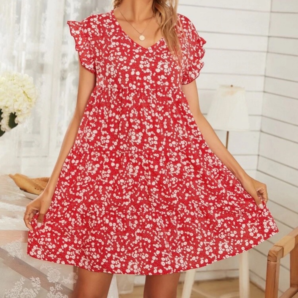 Boho ditsy smock ruffle sleeve high waist dress